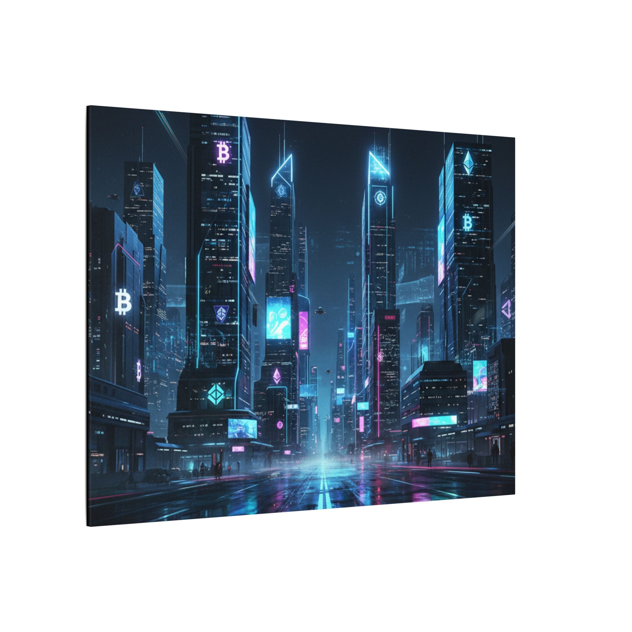 Cyberpunk Cityscape Matte Canvas Print — Neon Futuristic Skyline Wall Art