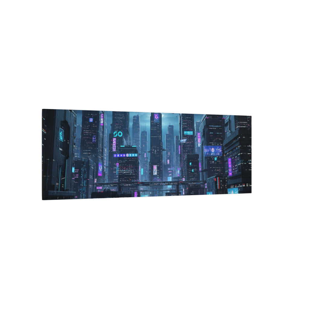 Cyberpunk Cityscape Matte Canvas Print — Neon Futuristic Wall Art