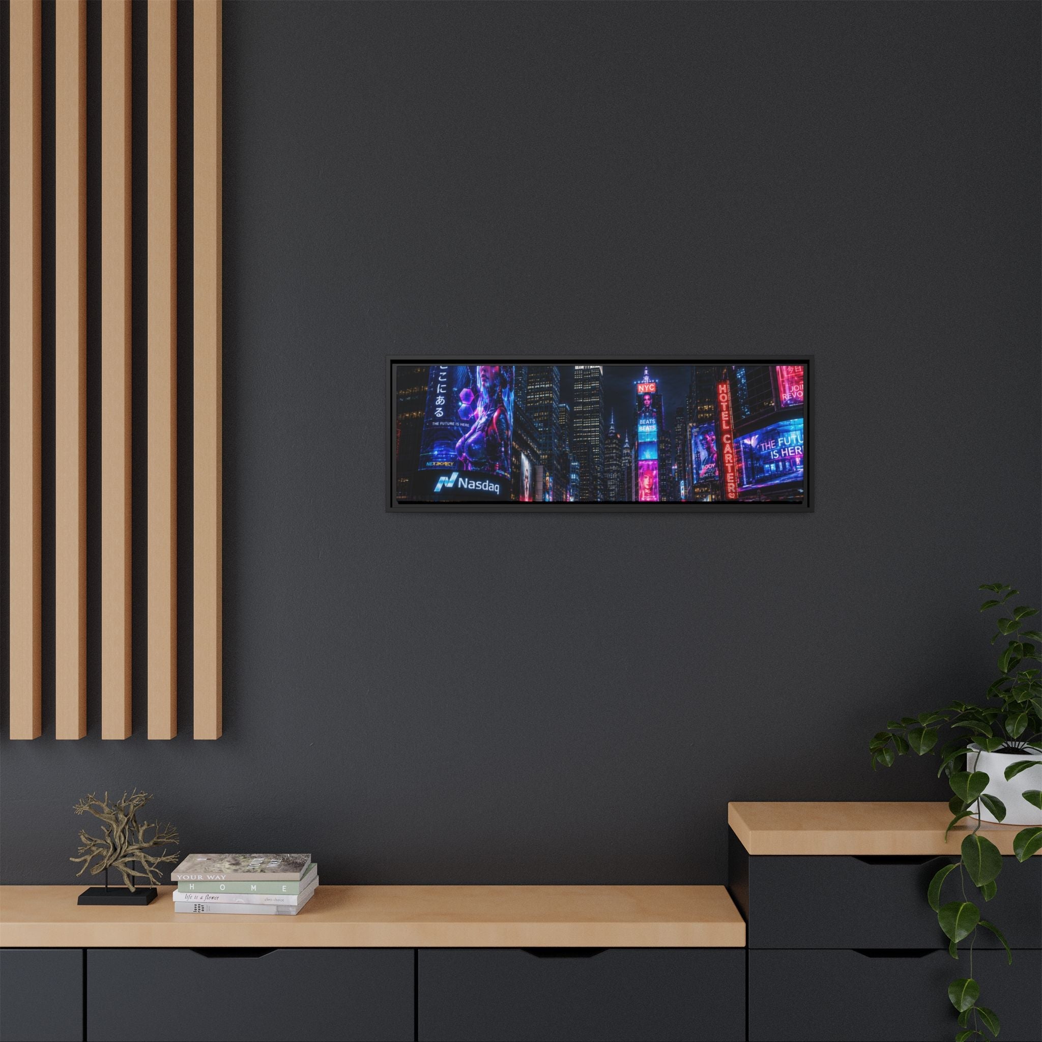Time Square City Scape "Cyberpunk themed" Neon City Nights Matte Canvas Print (Framed)