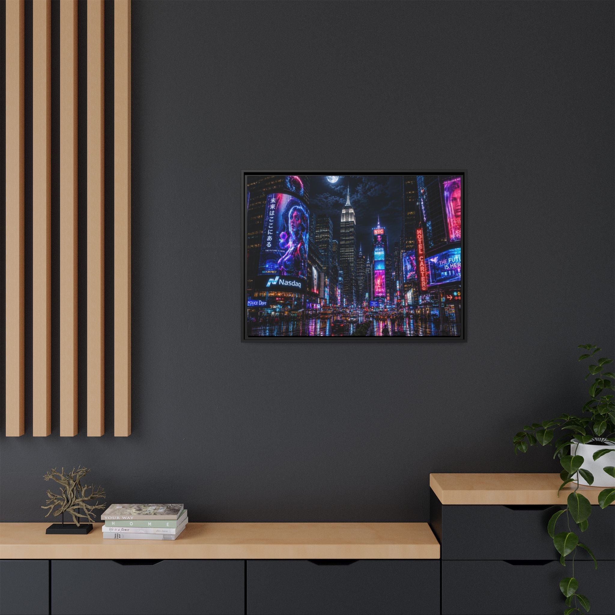 Time Square City Scape "Cyberpunk themed" Neon City Nights Matte Canvas Print (Framed)