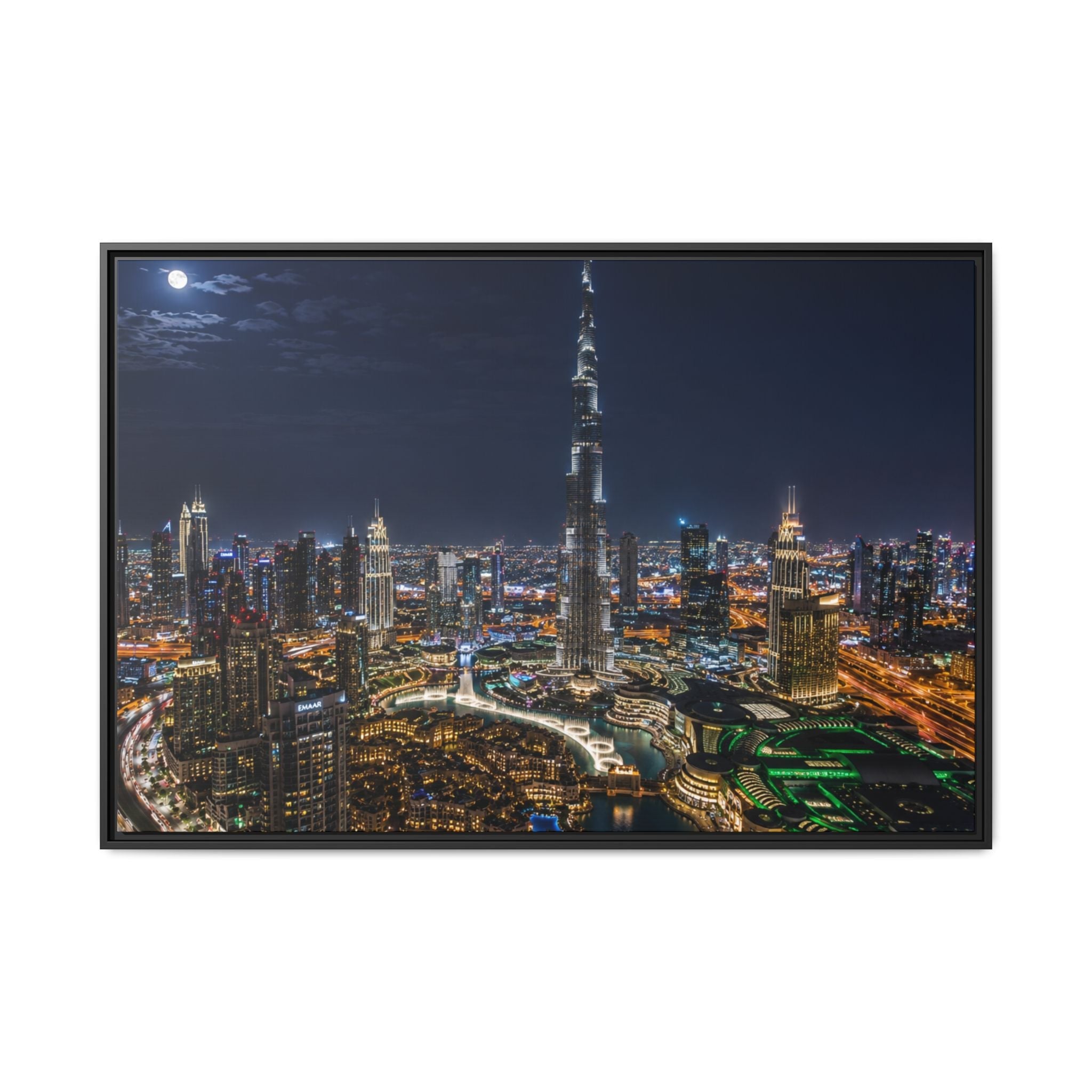 Dubai Night Skyline Matte Framed Canvas Print