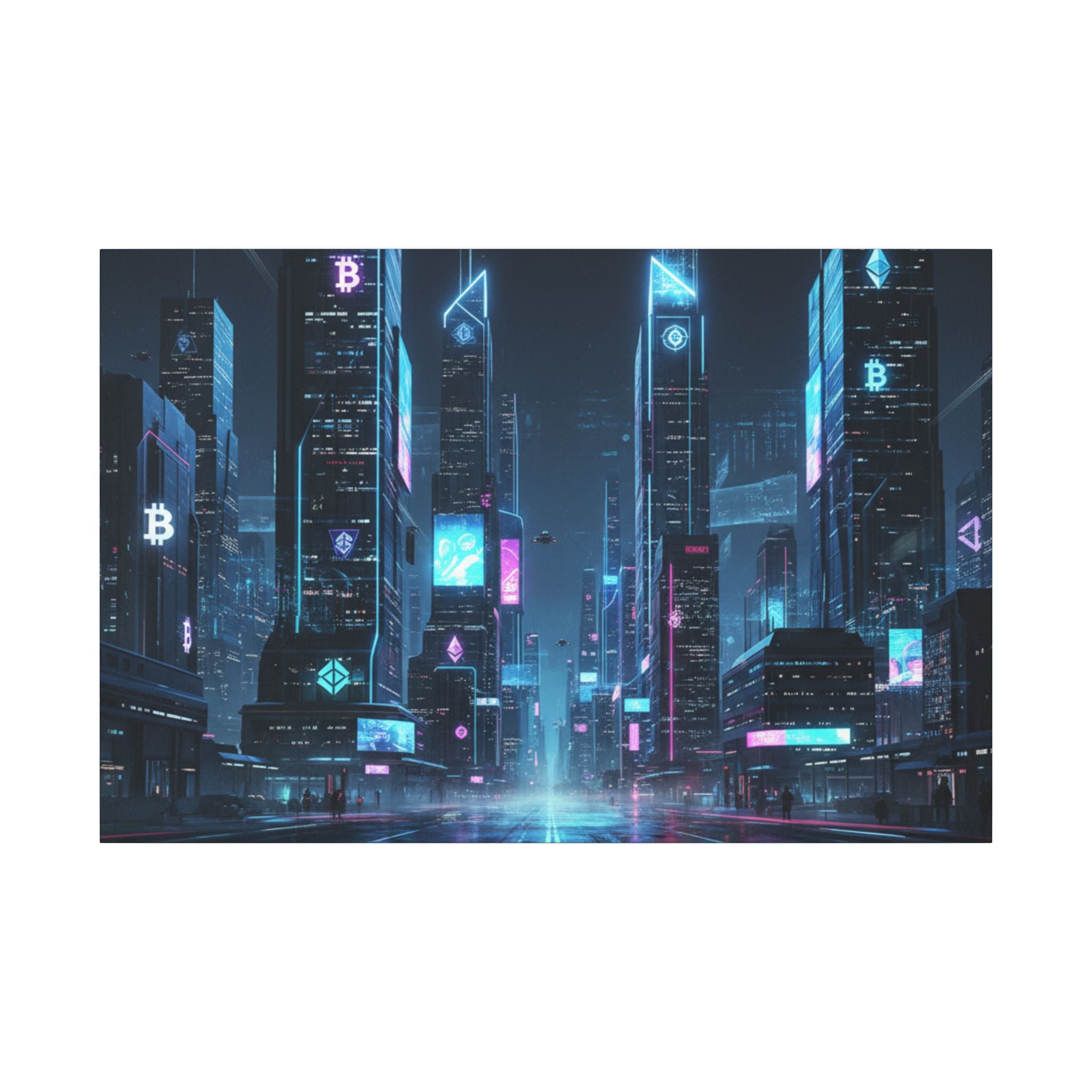 Cyberpunk Cityscape Matte Canvas Print — Neon Futuristic Skyline Wall Art