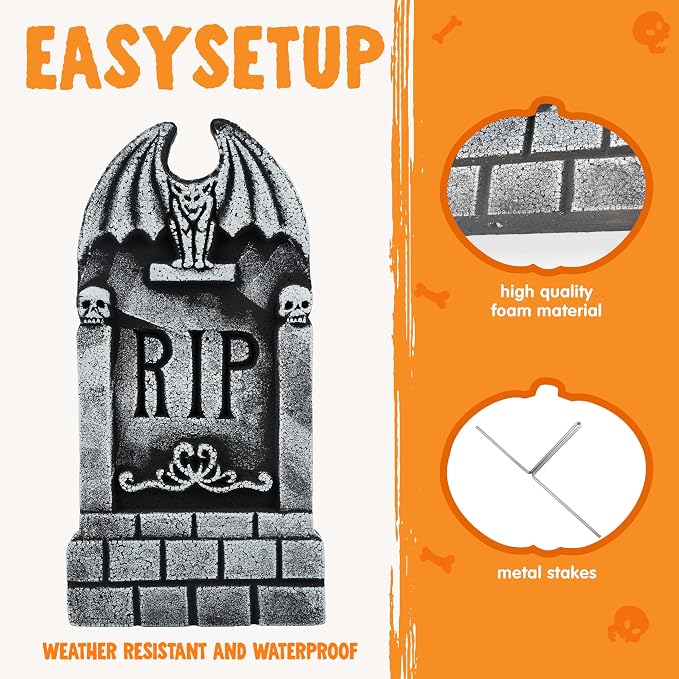 5 Pack 17 Inch Halloween Foam RIP Tombstones With 12 Metal Stakes, Outdoor