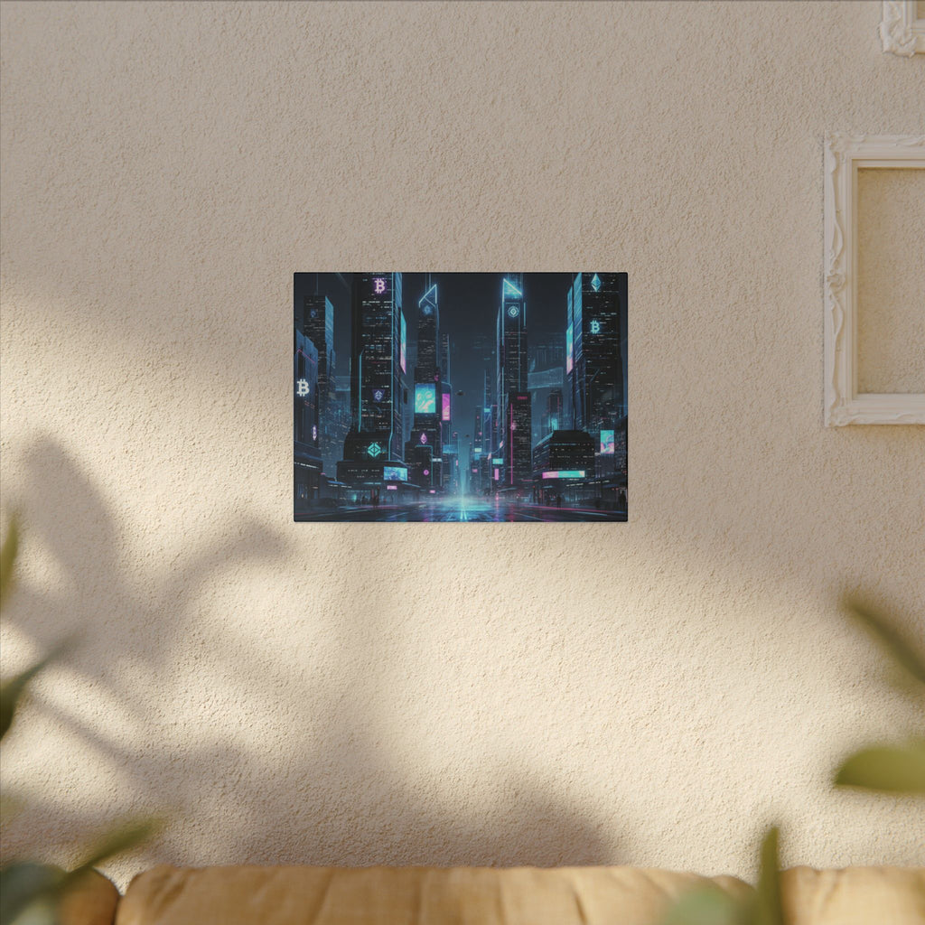 Cyberpunk Cityscape Matte Canvas Print — Neon Futuristic Skyline Wall Art