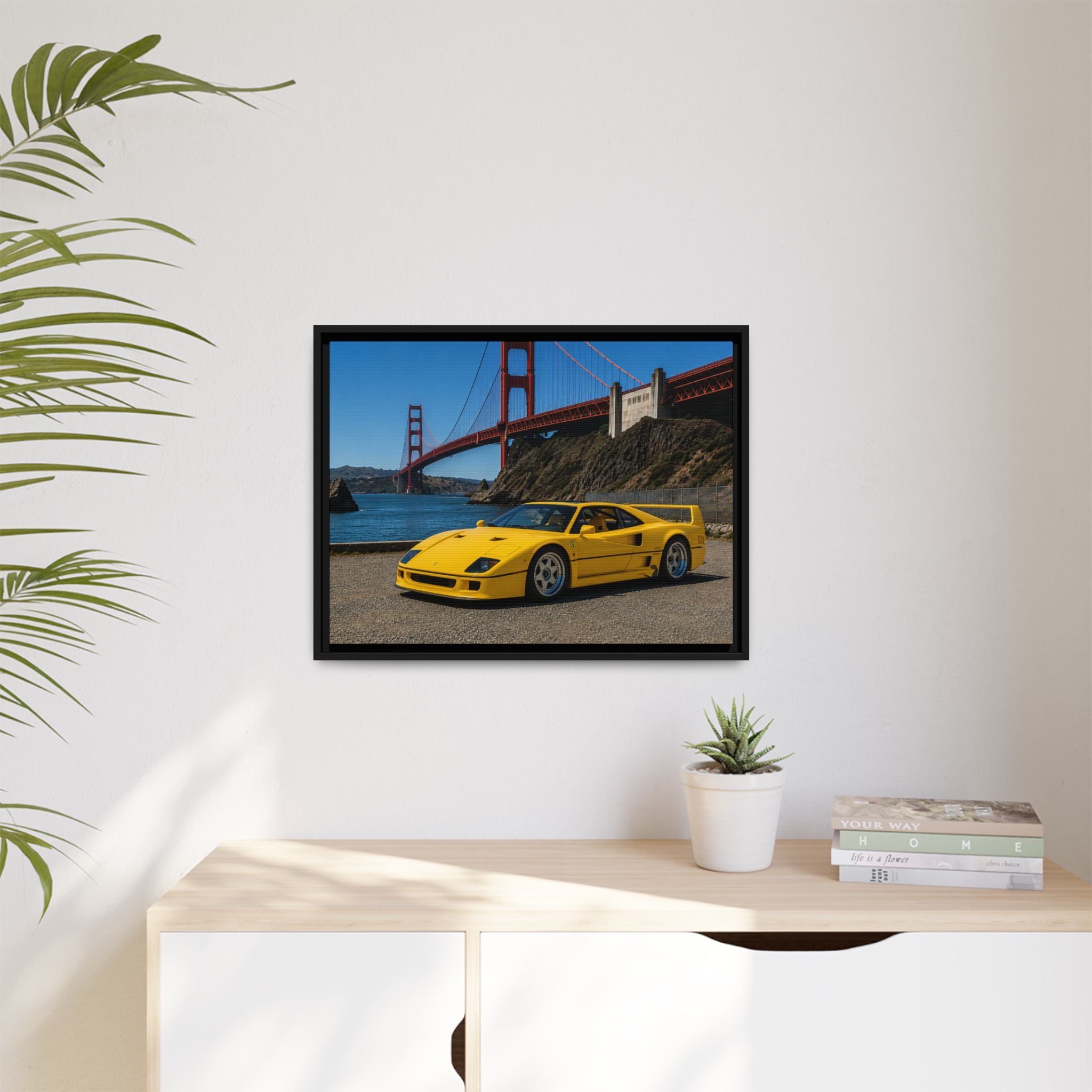 Ferrari 1987 F40 — Yellow Ferrari by the Golden Gate Bridge - Stunning Framed Canvas