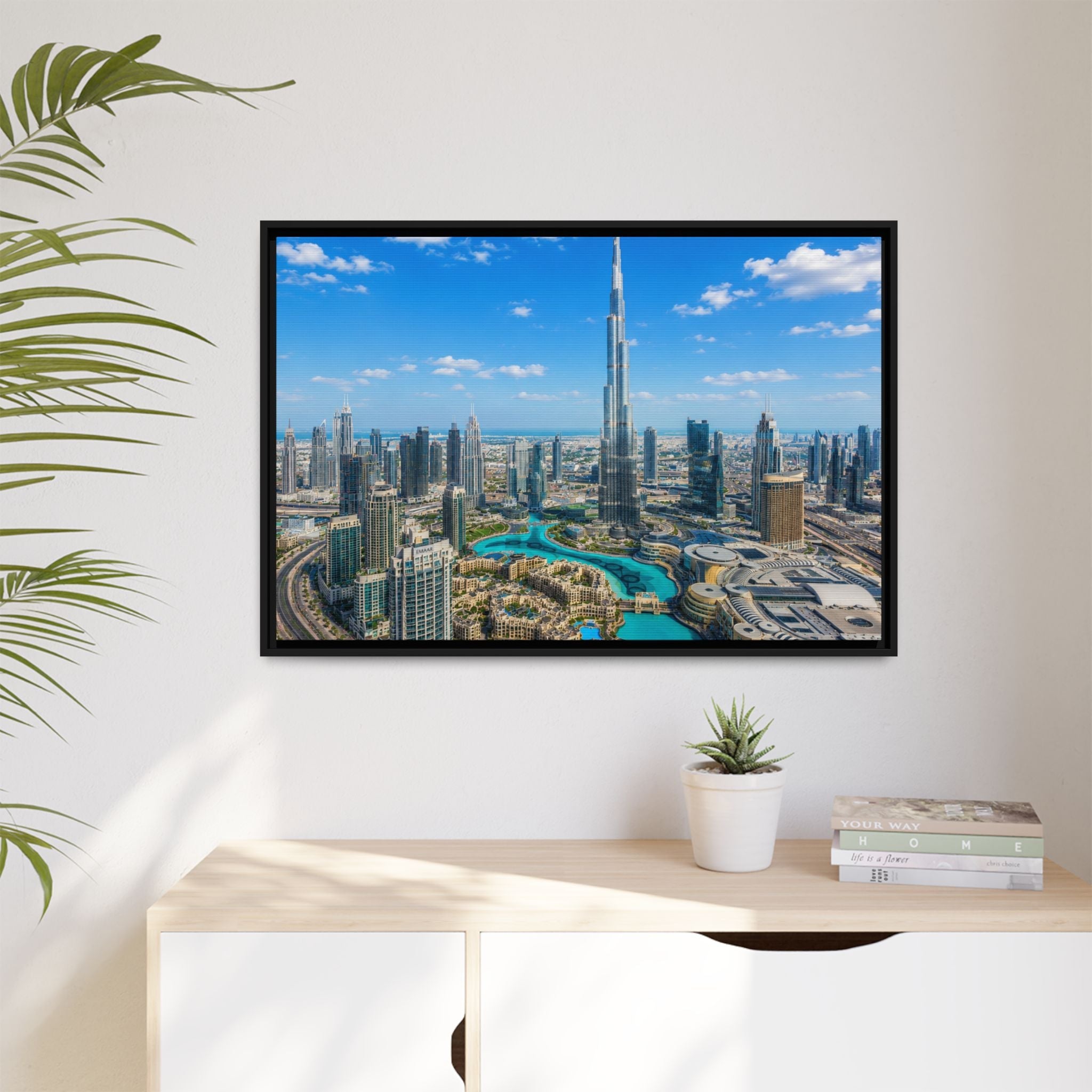 Dubai Skyline Matte Canvas Print (Framed) — Burj Khalifa Aerial Cityscape Wall Art