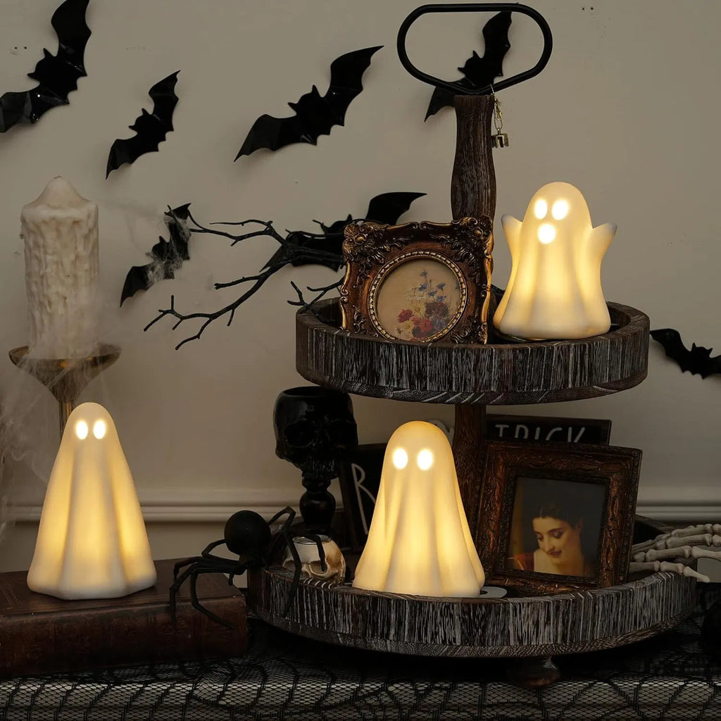 Light Up Ghost Halloween Decor, 3 Pack Ceramic Halloween Ghost Decorations