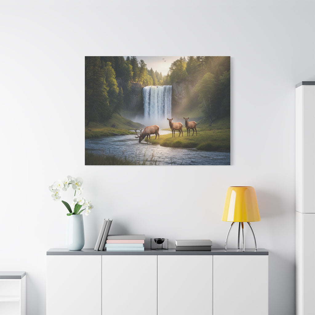 Waterfall Elk Canvas Print — Matte Stretched Wall Art