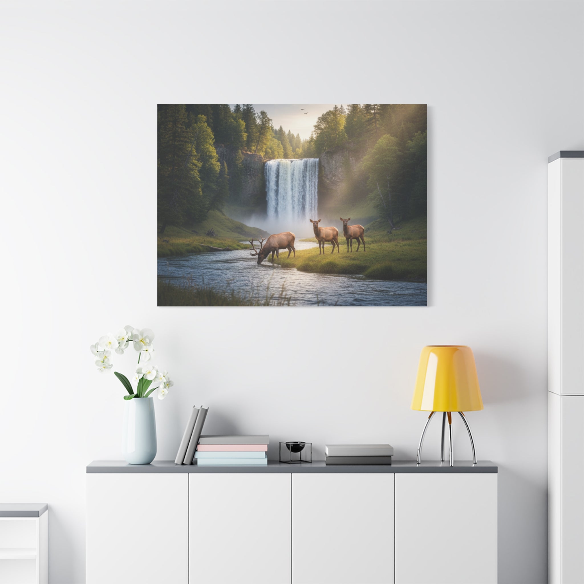 Waterfall Elk Canvas Print — Matte Stretched Wall Art