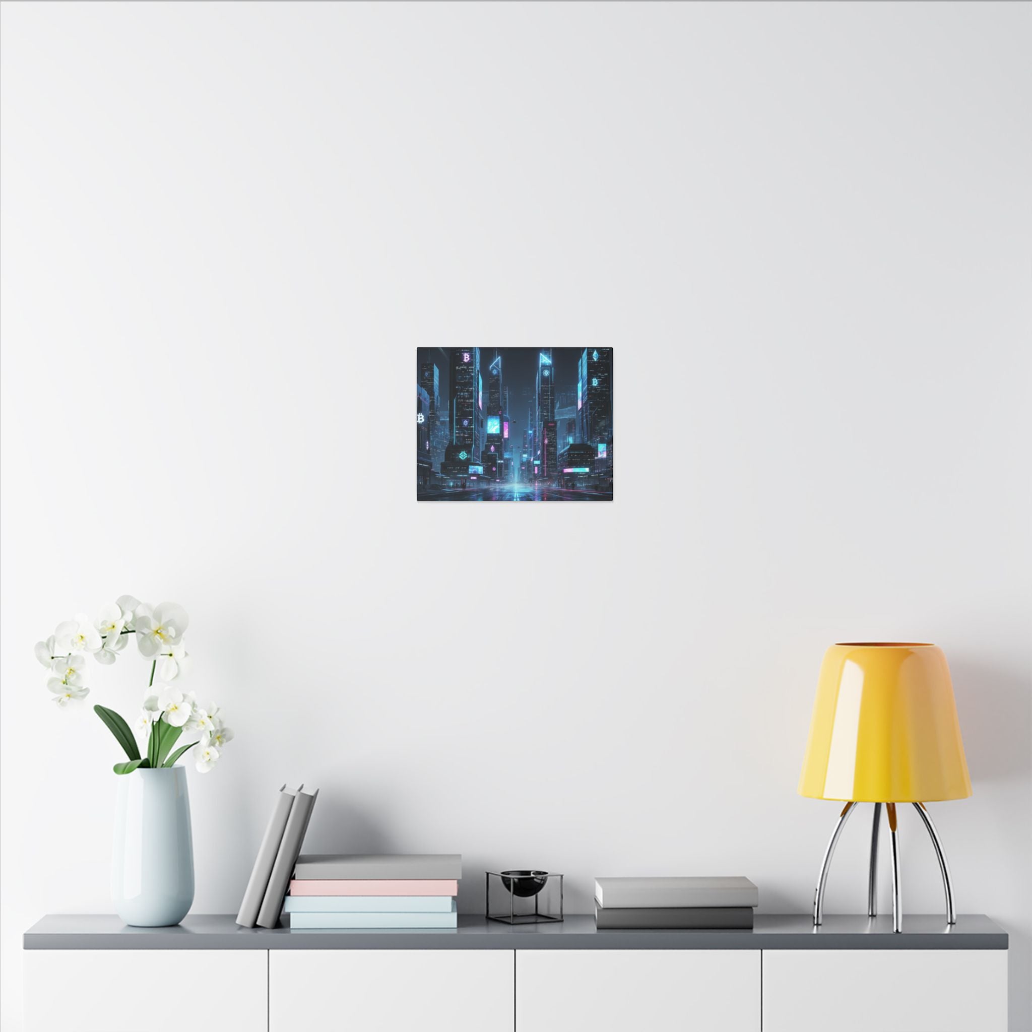 Cyberpunk Cityscape Matte Canvas Print — Neon Futuristic Skyline Wall Art