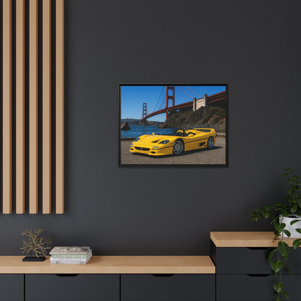 Ferrari F50 1995 Yellow — Framed Matte Canvas of Ferrari by Golden Gate Bridge