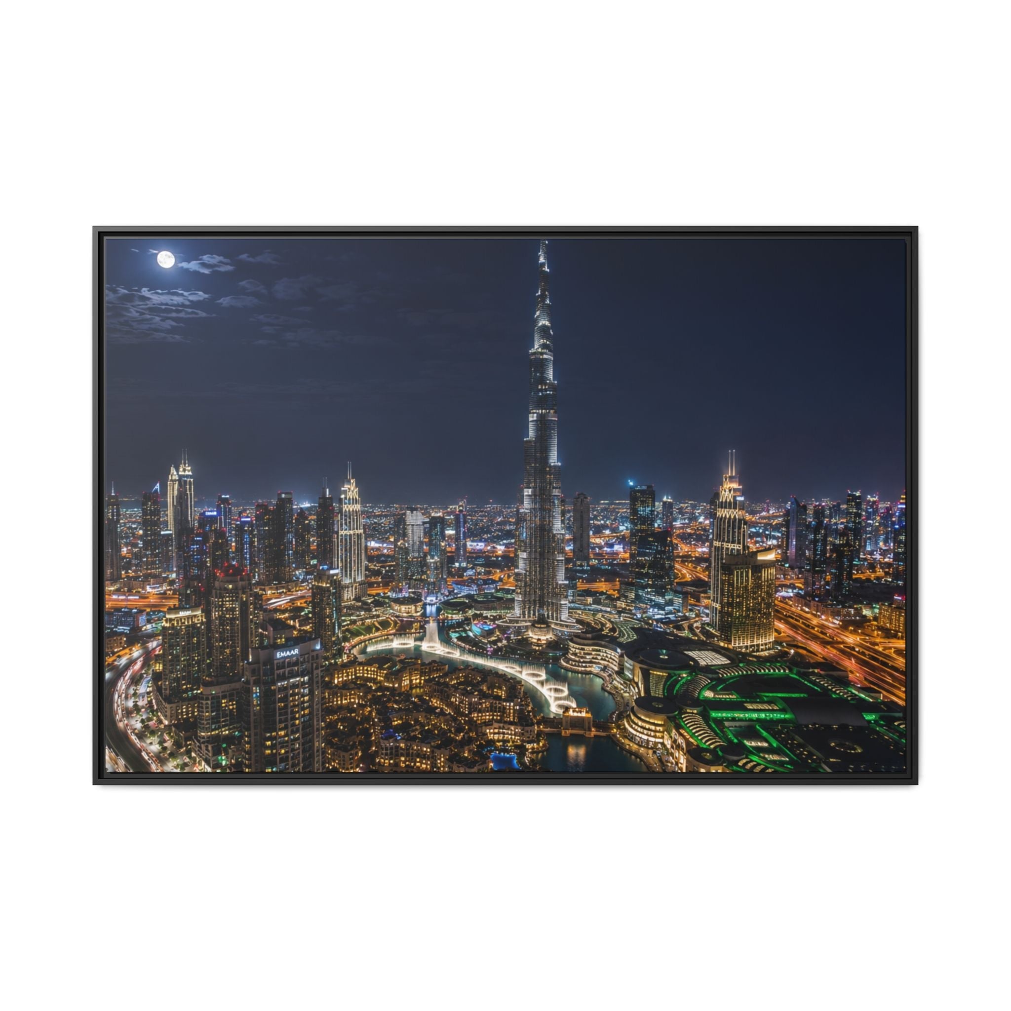 Dubai Night Skyline Matte Framed Canvas Print