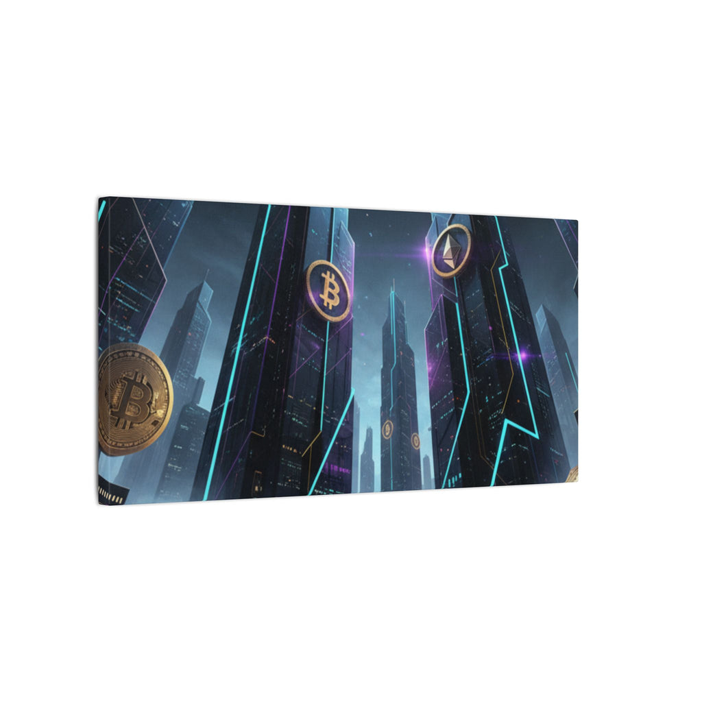 Crypto City Canvas Print — Futuristic Bitcoin & Ethereum Wall Art
