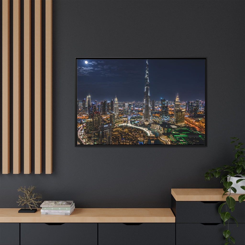 Dubai Night Skyline Matte Framed Canvas Print