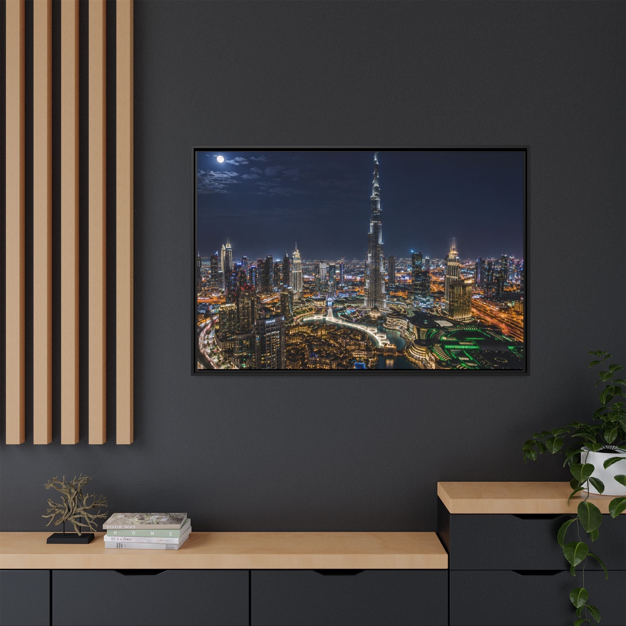 Dubai Night Skyline Matte Framed Canvas Print