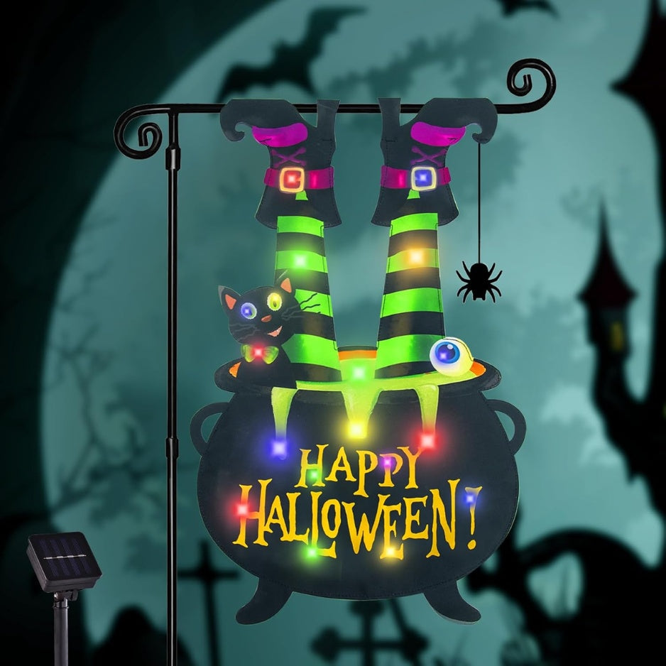 Halloween Lighted Garden Flag, Witch Feet Yard Decor, 12x18 In
