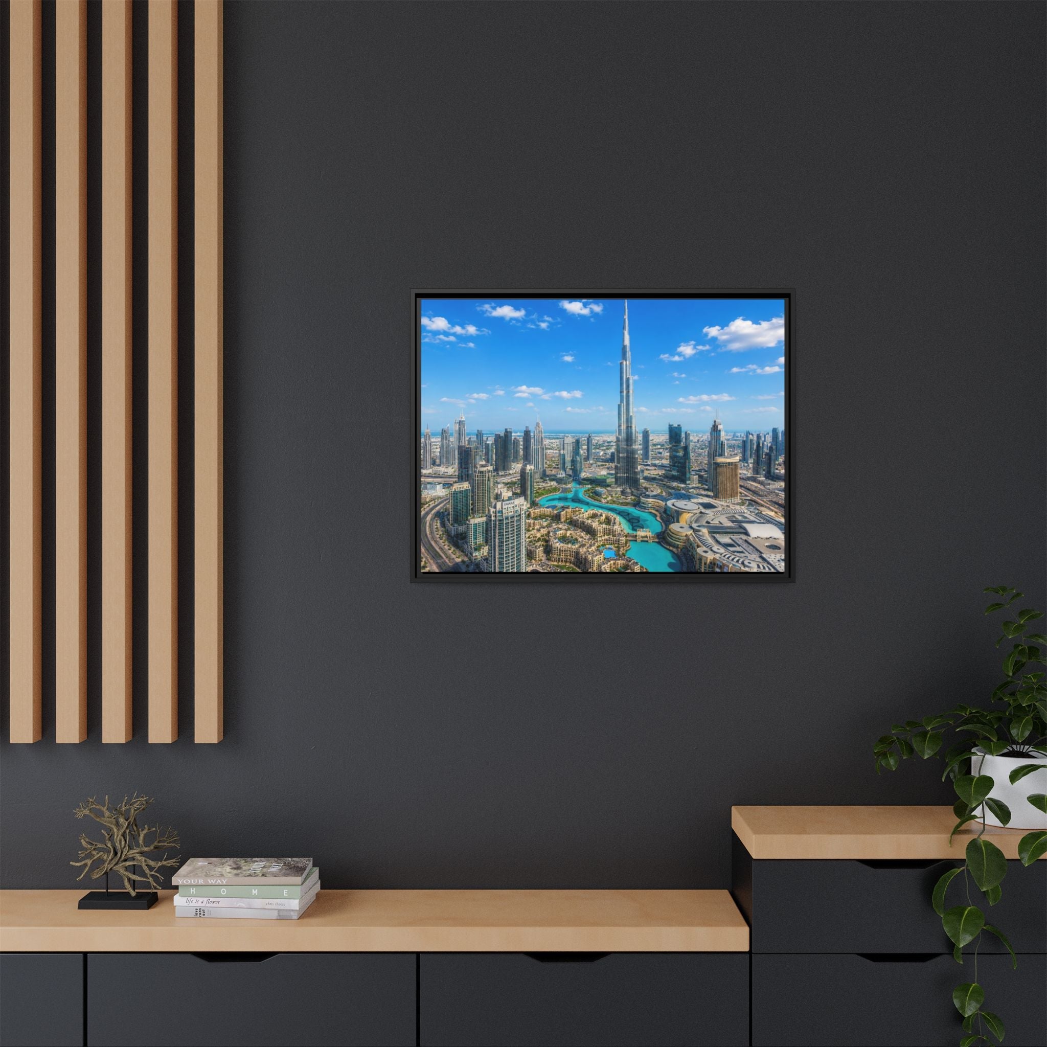 Dubai Skyline Matte Canvas Print (Framed) — Burj Khalifa Aerial Cityscape Wall Art