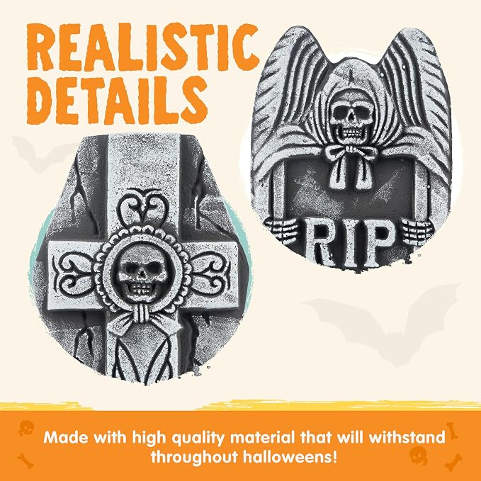 5 Pack 17 Inch Halloween Foam RIP Tombstones With 12 Metal Stakes, Outdoor