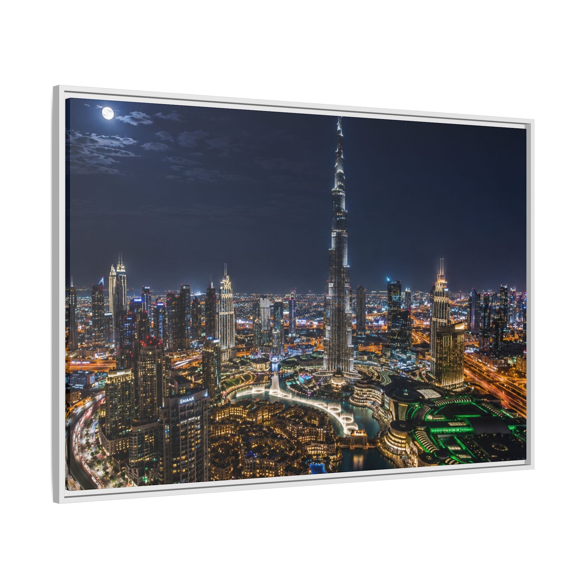 Dubai Night Skyline Matte Framed Canvas Print