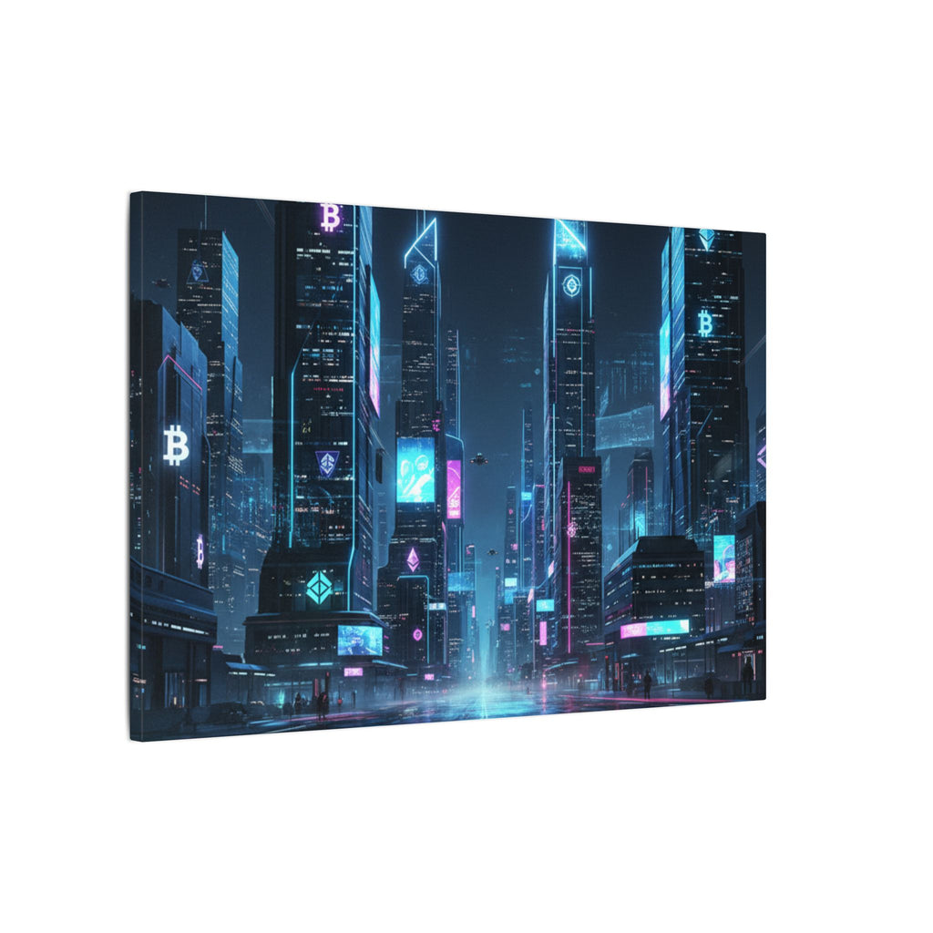 Cyberpunk Cityscape Matte Canvas Print — Neon Futuristic Skyline Wall Art