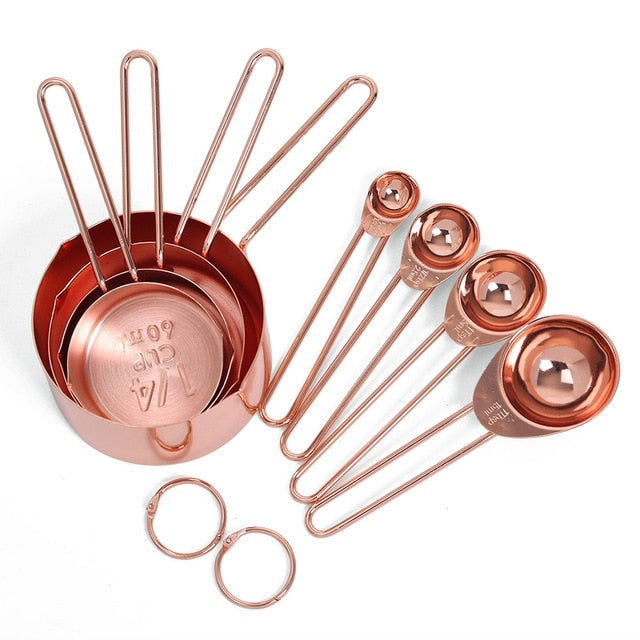 Rose Gold Stainless Steel Measuring Cups And Spoons Set Of 8 Engraved Measurements,Pouring Spouts & Mirror Polished for Baking