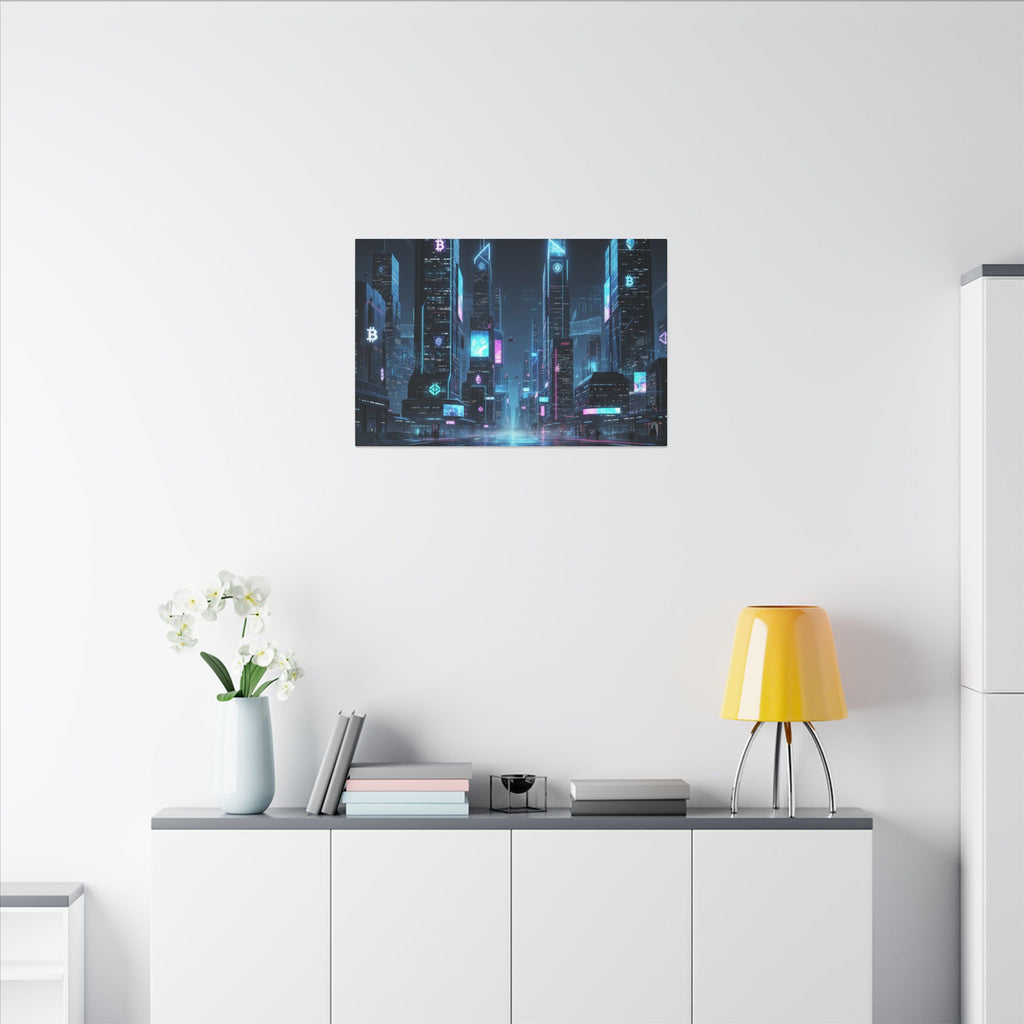 Cyberpunk Cityscape Matte Canvas Print — Neon Futuristic Skyline Wall Art
