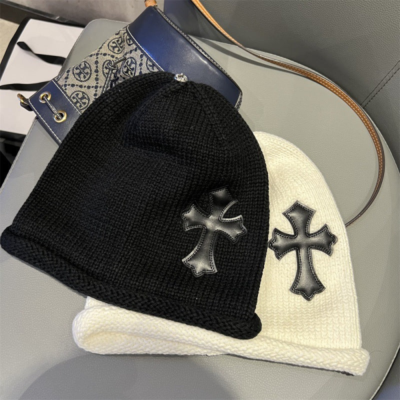 Leather Patch Edge Knit Beanie Knitted Stack Hat  Ear Protection Head Covering Cold Hat