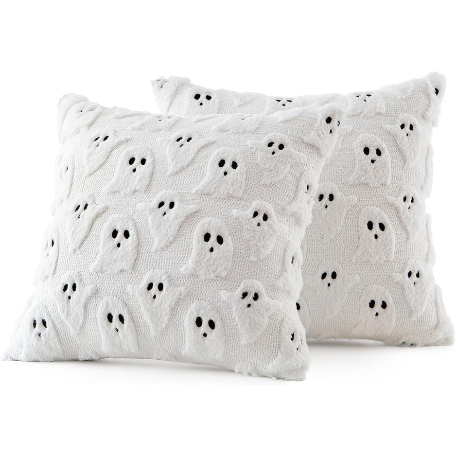 White Cute Ghost Halloween Pillow Covers 18x18 Set Of 2 Spooky Aesthetic Throw