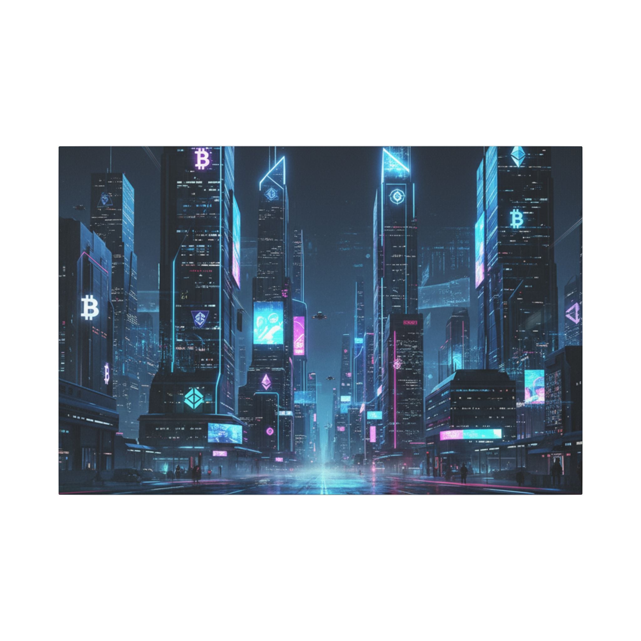 Cyberpunk Cityscape Matte Canvas Print — Neon Futuristic Skyline Wall Art