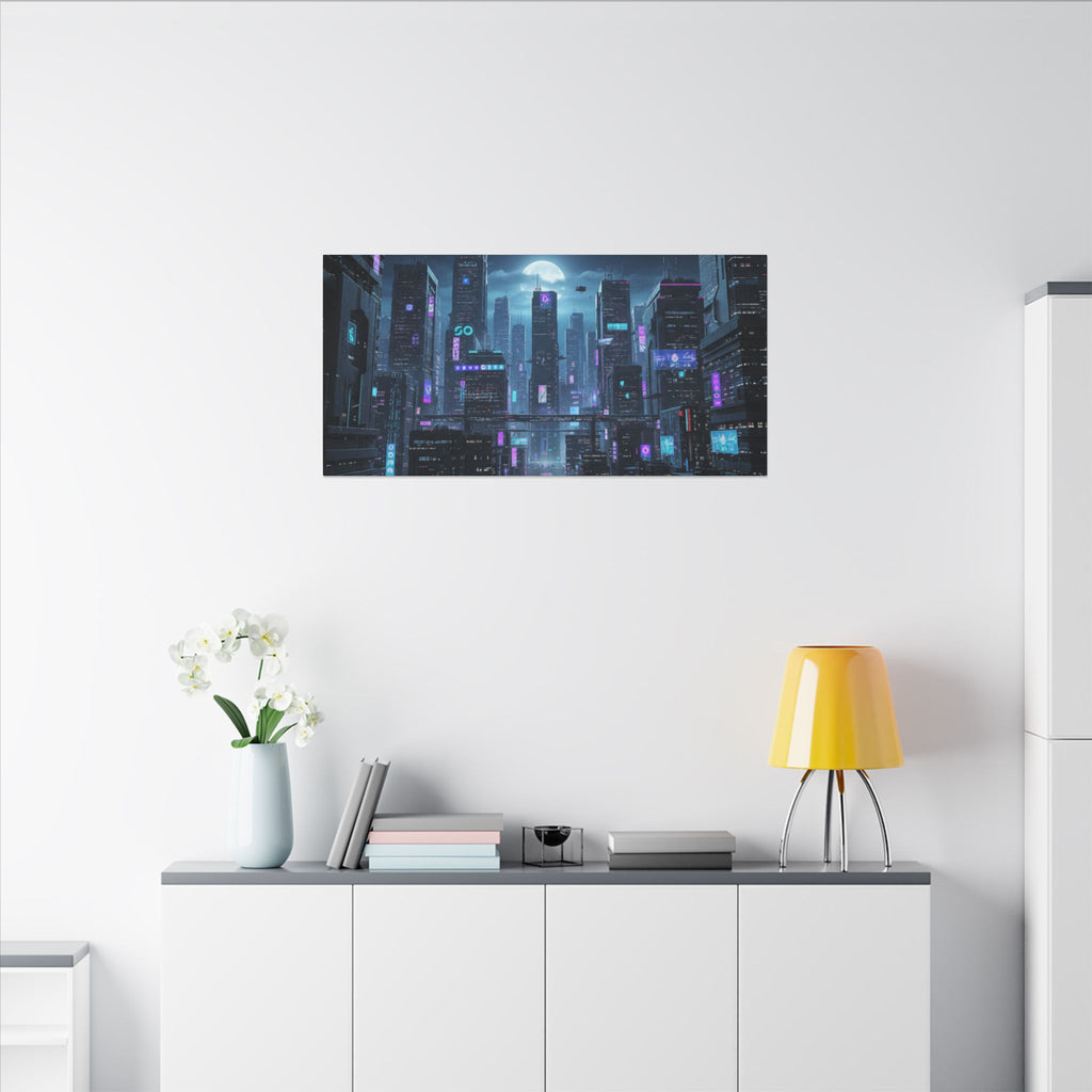 Cyberpunk Cityscape Matte Canvas Print — Neon Futuristic Wall Art