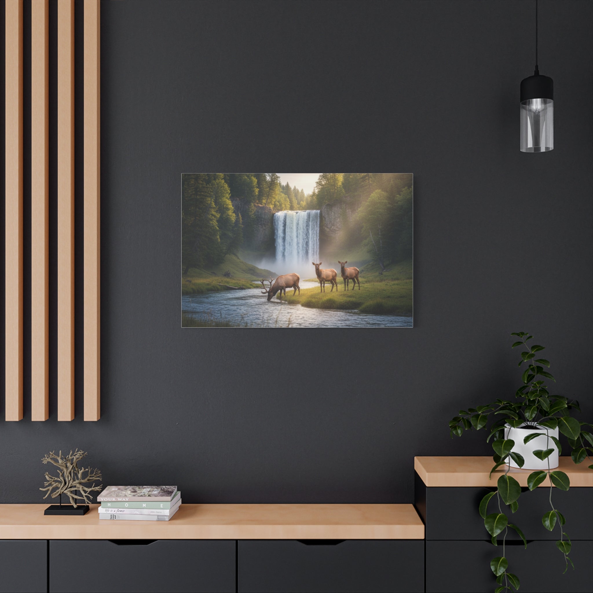 Waterfall Elk Canvas Print — Matte Stretched Wall Art