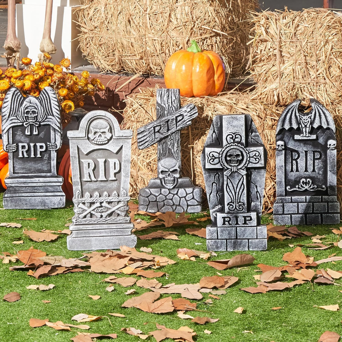 5 Pack 17 Inch Halloween Foam RIP Tombstones With 12 Metal Stakes, Outdoor