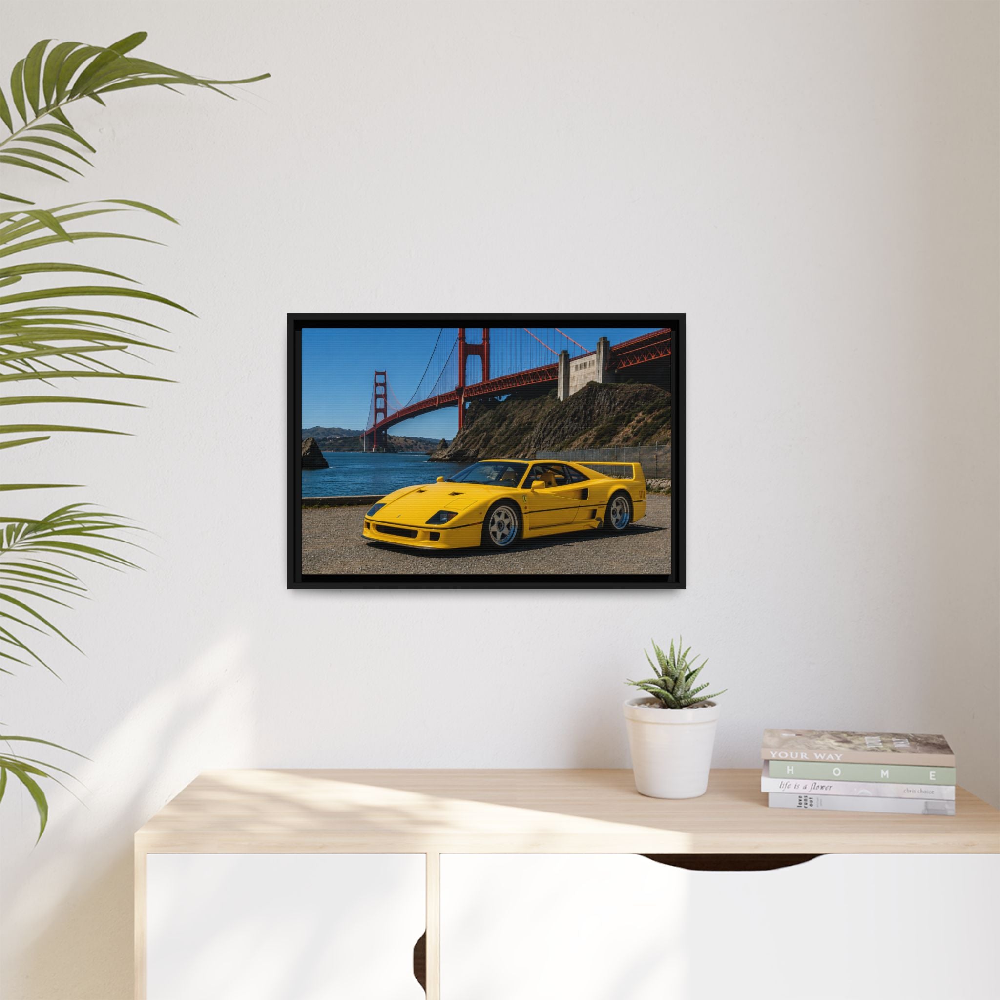 Ferrari 1987 F40 — Yellow Ferrari by the Golden Gate Bridge - Stunning Framed Canvas