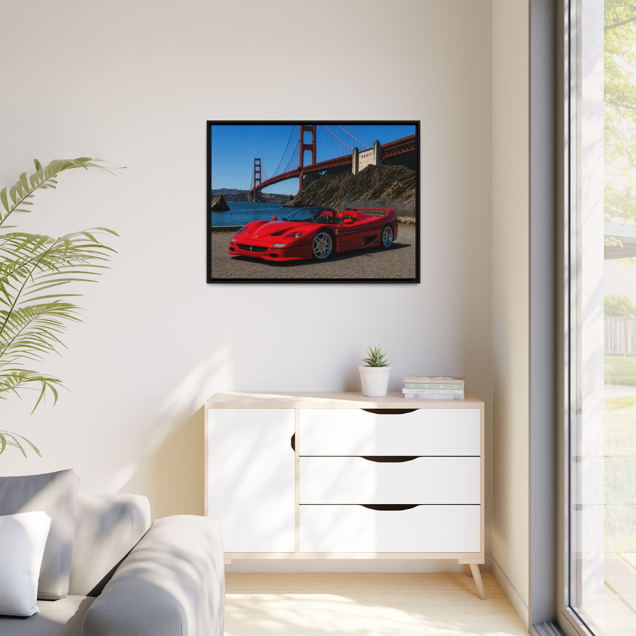 Ferrari F50 1995 Red - At Golden Gate Bridge - Stunning Framed Canvas Wall Art