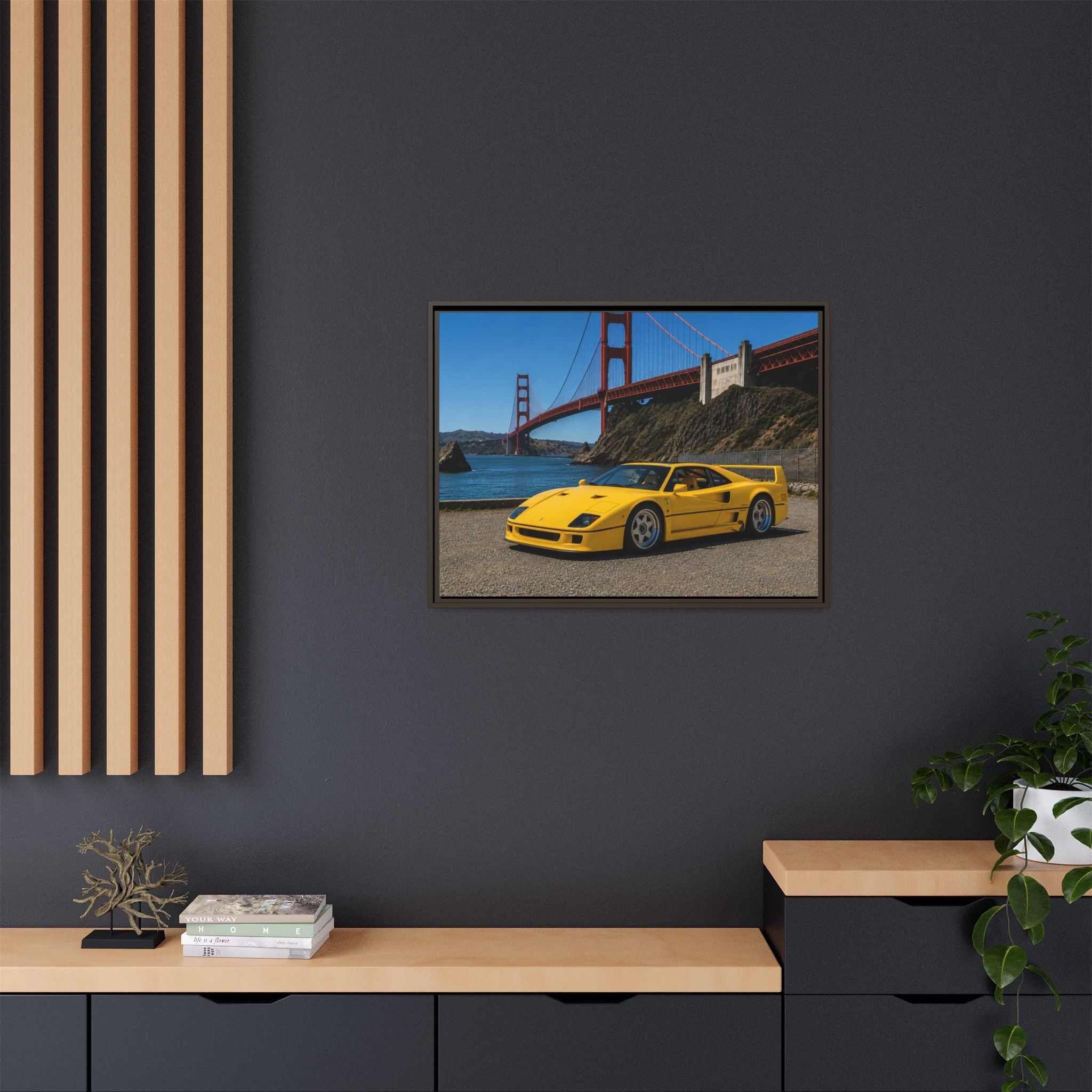 Ferrari 1987 F40 — Yellow Ferrari by the Golden Gate Bridge - Stunning Framed Canvas
