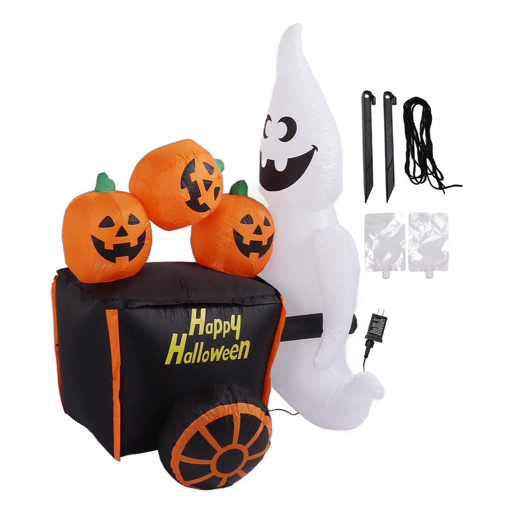 6ft Halloween Inflatable Ghost Pushing Pumpkin Cart Decor IP44 With Blower LED