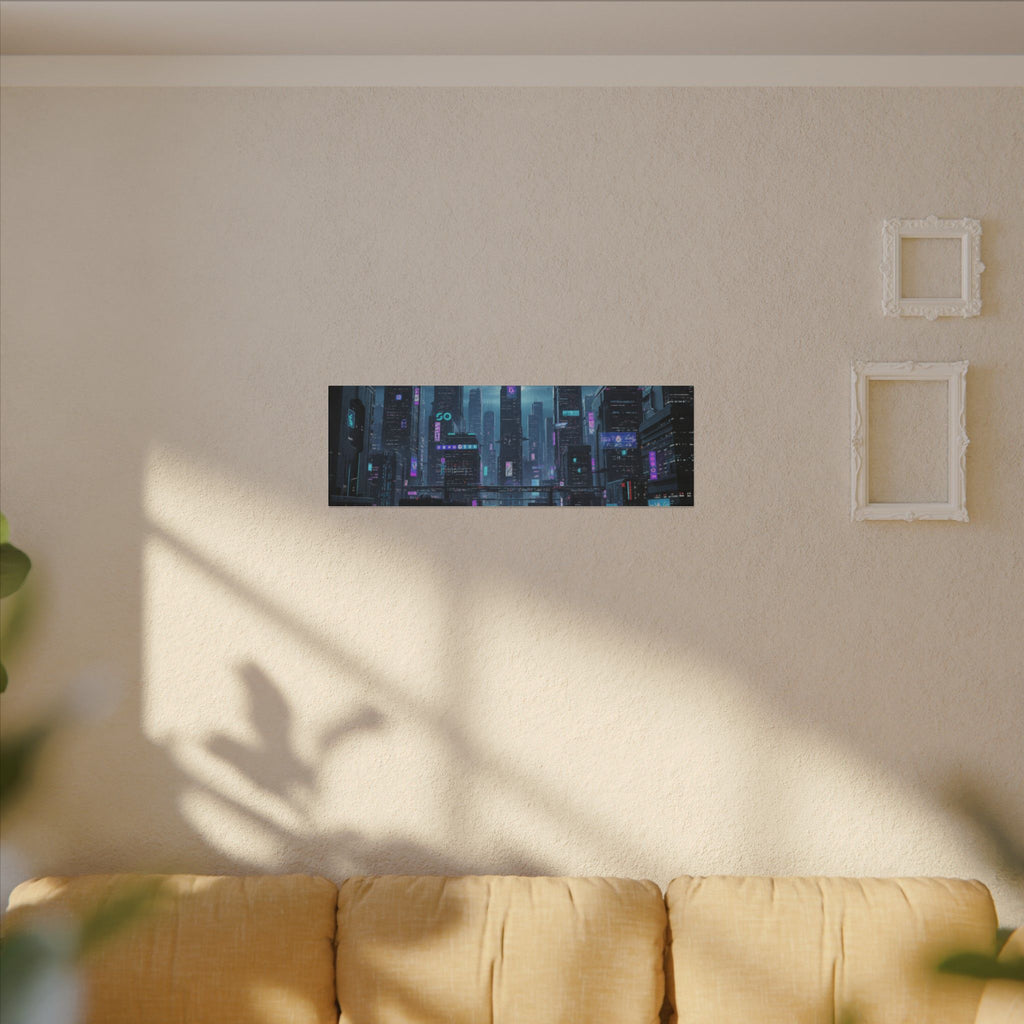 Cyberpunk Cityscape Matte Canvas Print — Neon Futuristic Wall Art