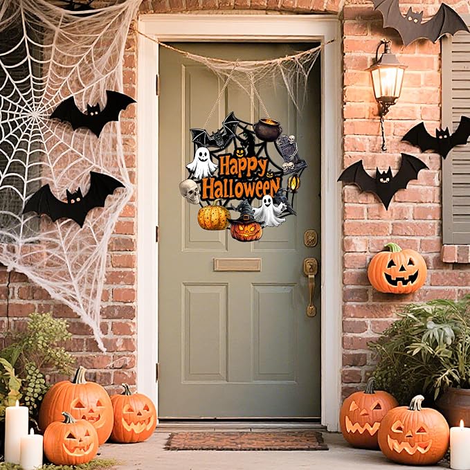 Halloween Wooden Ghost Wreath Door Decoration With Pumpkin, Bat And Witch