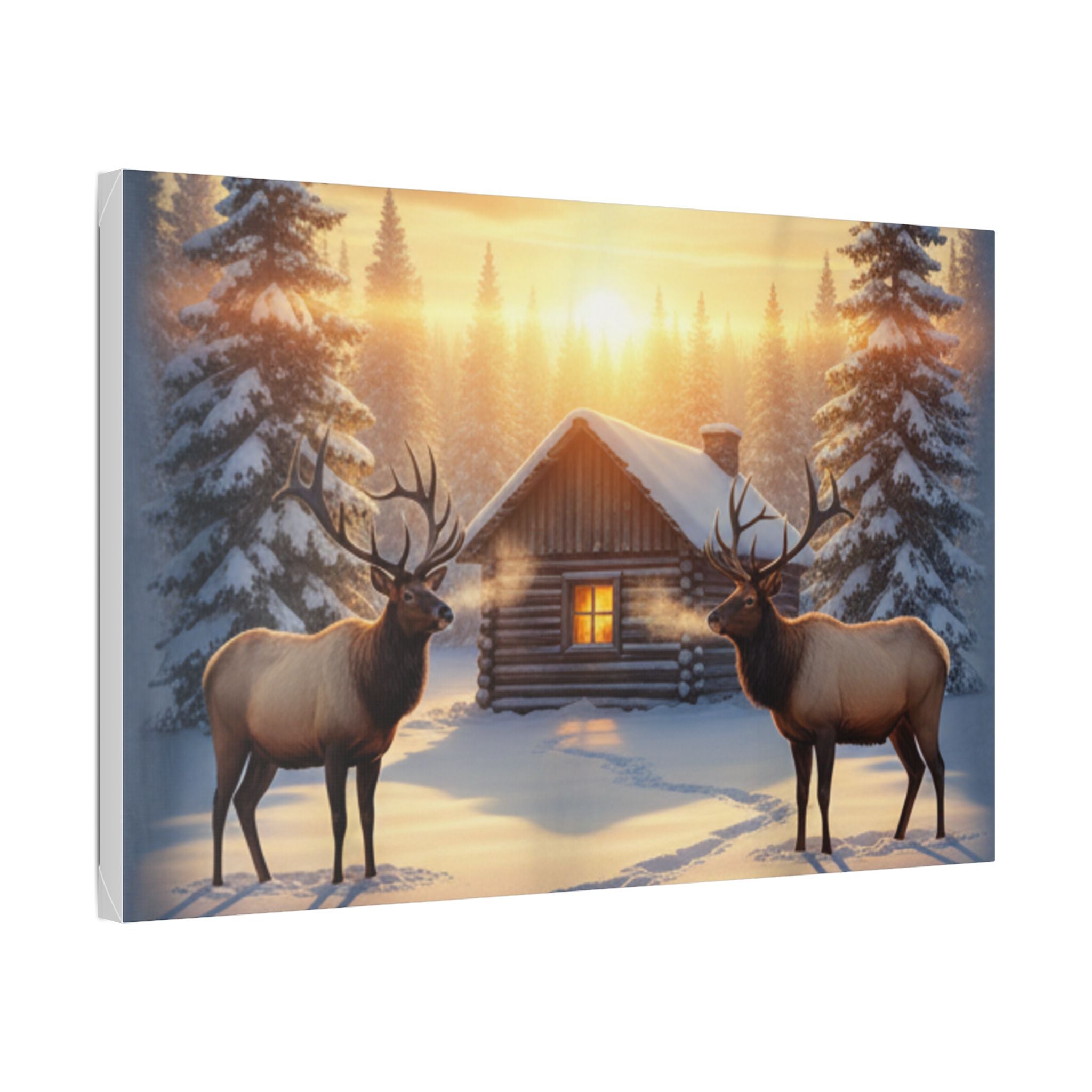Winter Cabin Elk Canvas Wall Art – Cozy Snowy Forest Sunset Print
