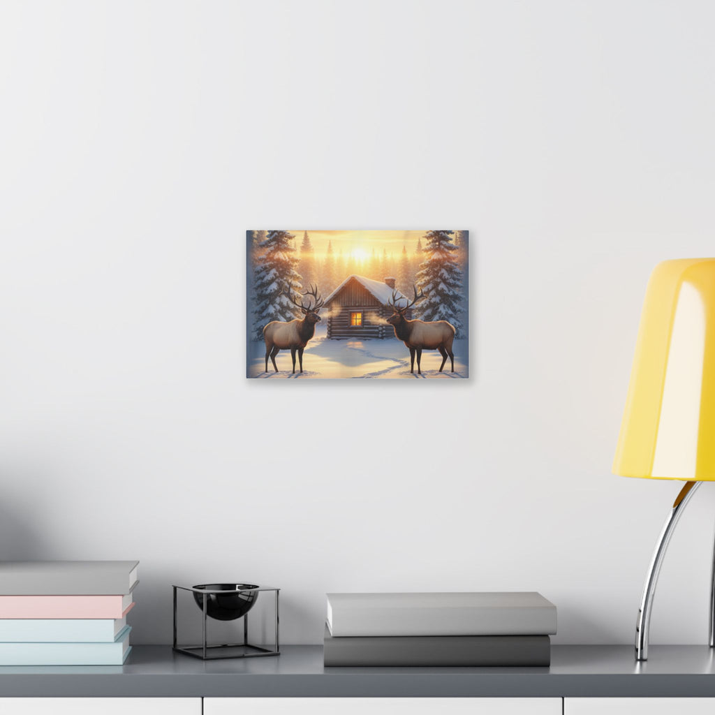 Winter Cabin Elk Canvas Wall Art – Cozy Snowy Forest Sunset Print
