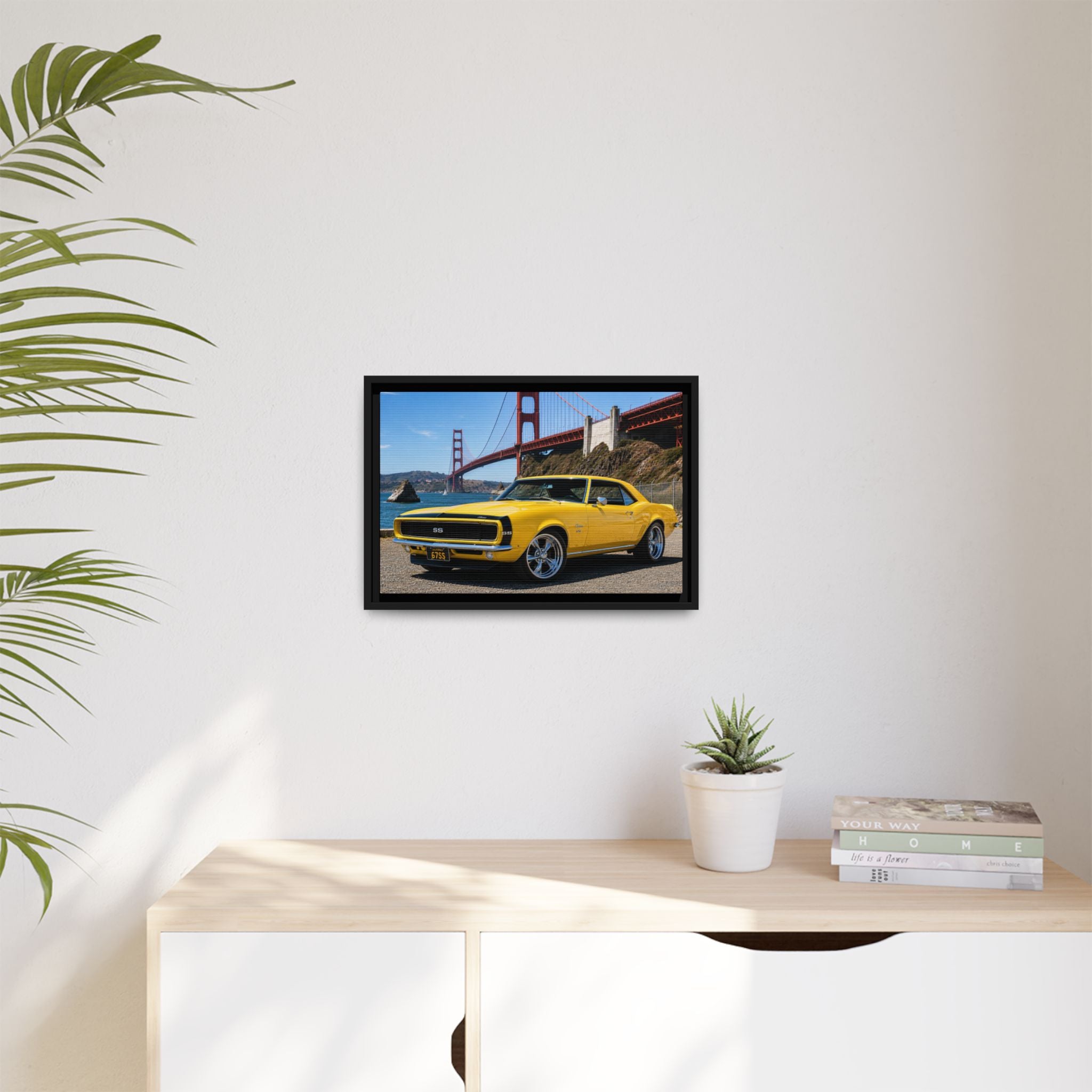 Camaro 1967 Framed Canvas – Yellow Classic "Bumble Bee" Camaro by Golden Gate Bridge