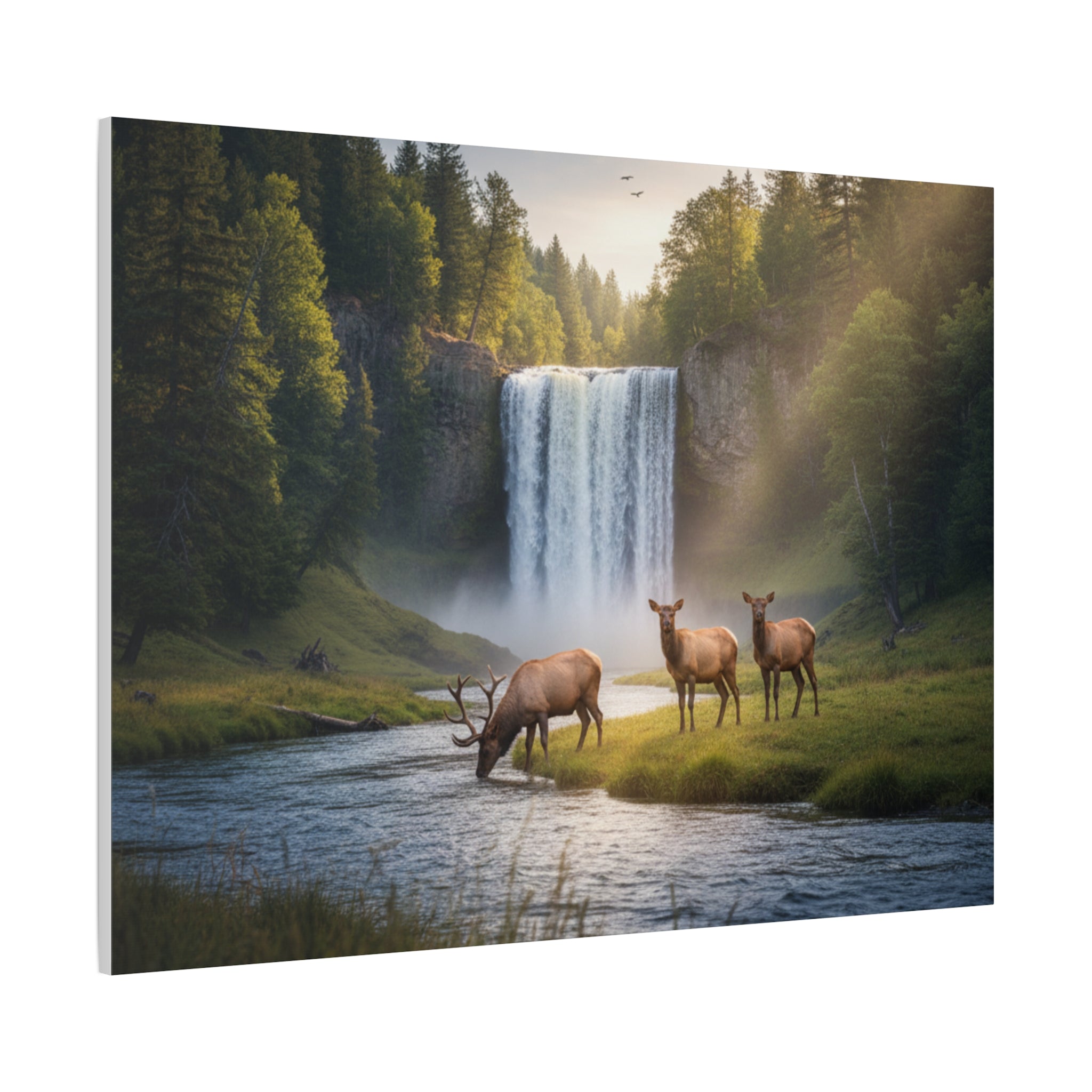 Waterfall Elk Canvas Print — Matte Stretched Wall Art