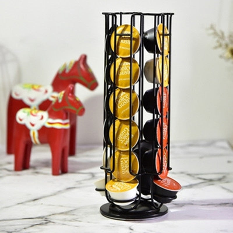 24Cups Rotatable Coffee Pod Holder For Dolce Gusto Capsule Display Capsule Rack Stainless Steel Tower Stand Storage Shelves