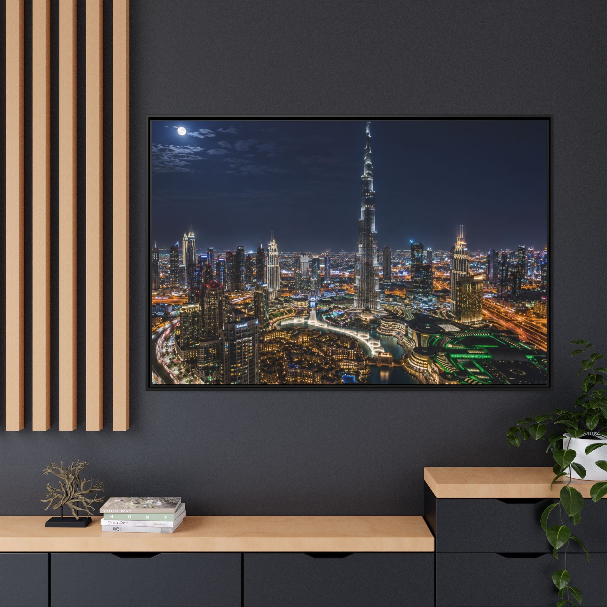Dubai Night Skyline Matte Framed Canvas Print