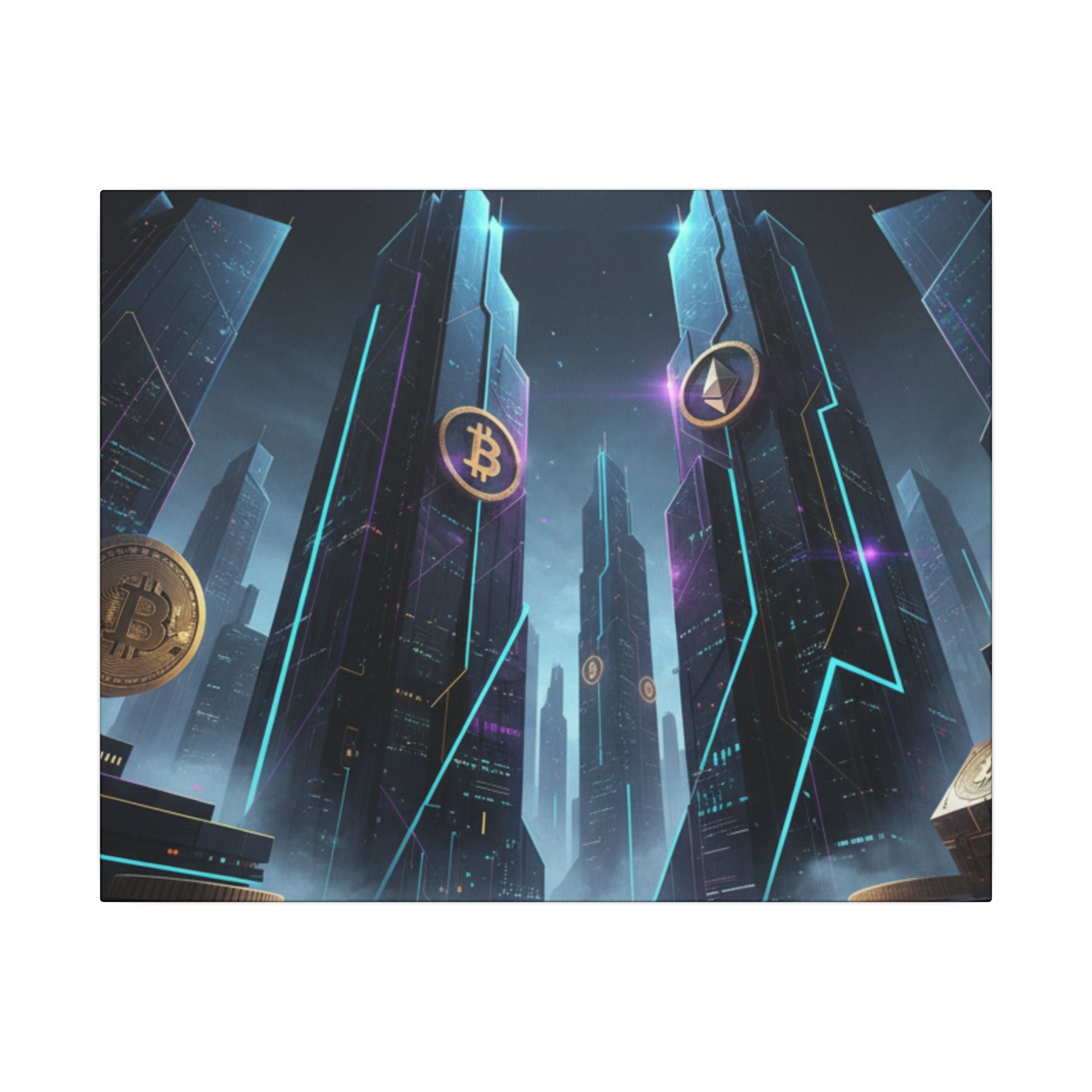 Crypto City Canvas Print — Futuristic Bitcoin & Ethereum Wall Art