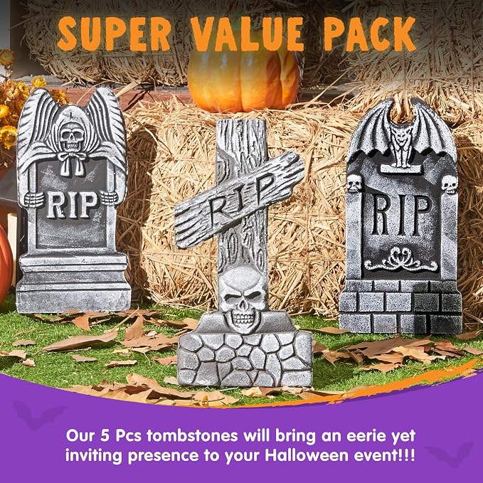 5 Pack 17 Inch Halloween Foam RIP Tombstones With 12 Metal Stakes, Outdoor