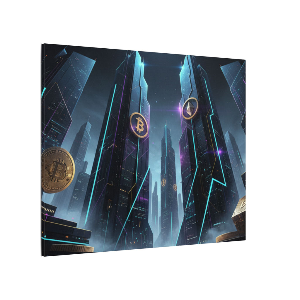 Crypto City Canvas Print — Futuristic Bitcoin & Ethereum Wall Art