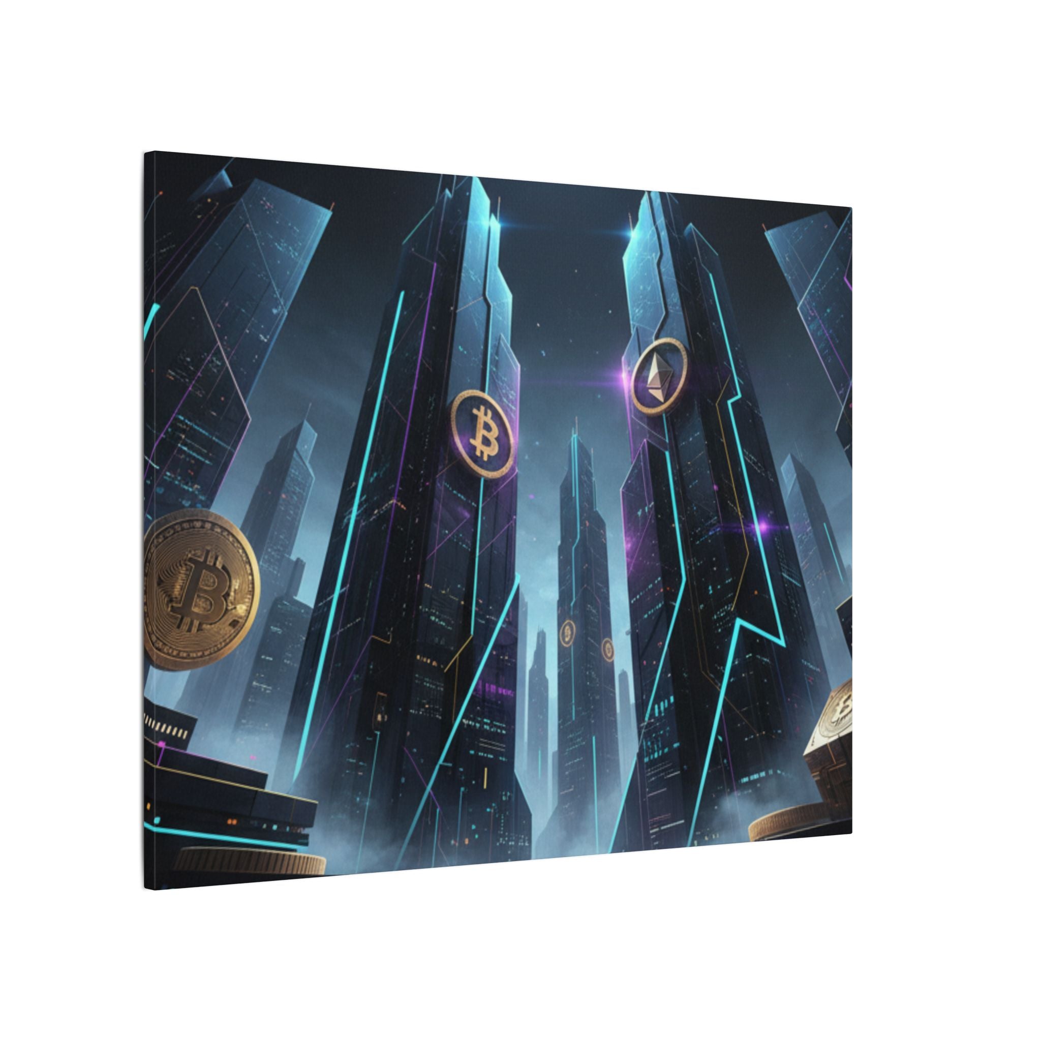 Crypto City Canvas Print — Futuristic Bitcoin & Ethereum Wall Art