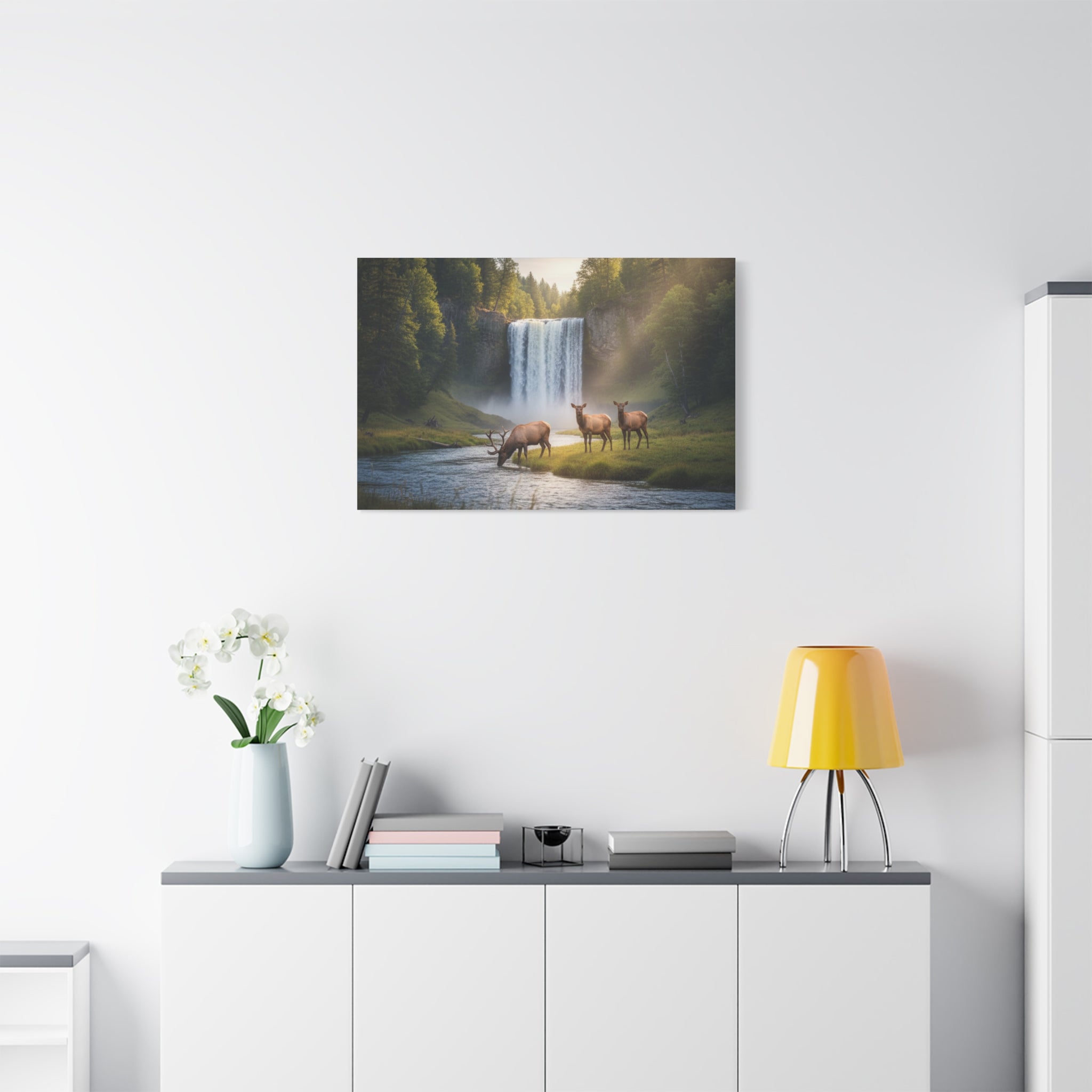 Waterfall Elk Canvas Print — Matte Stretched Wall Art