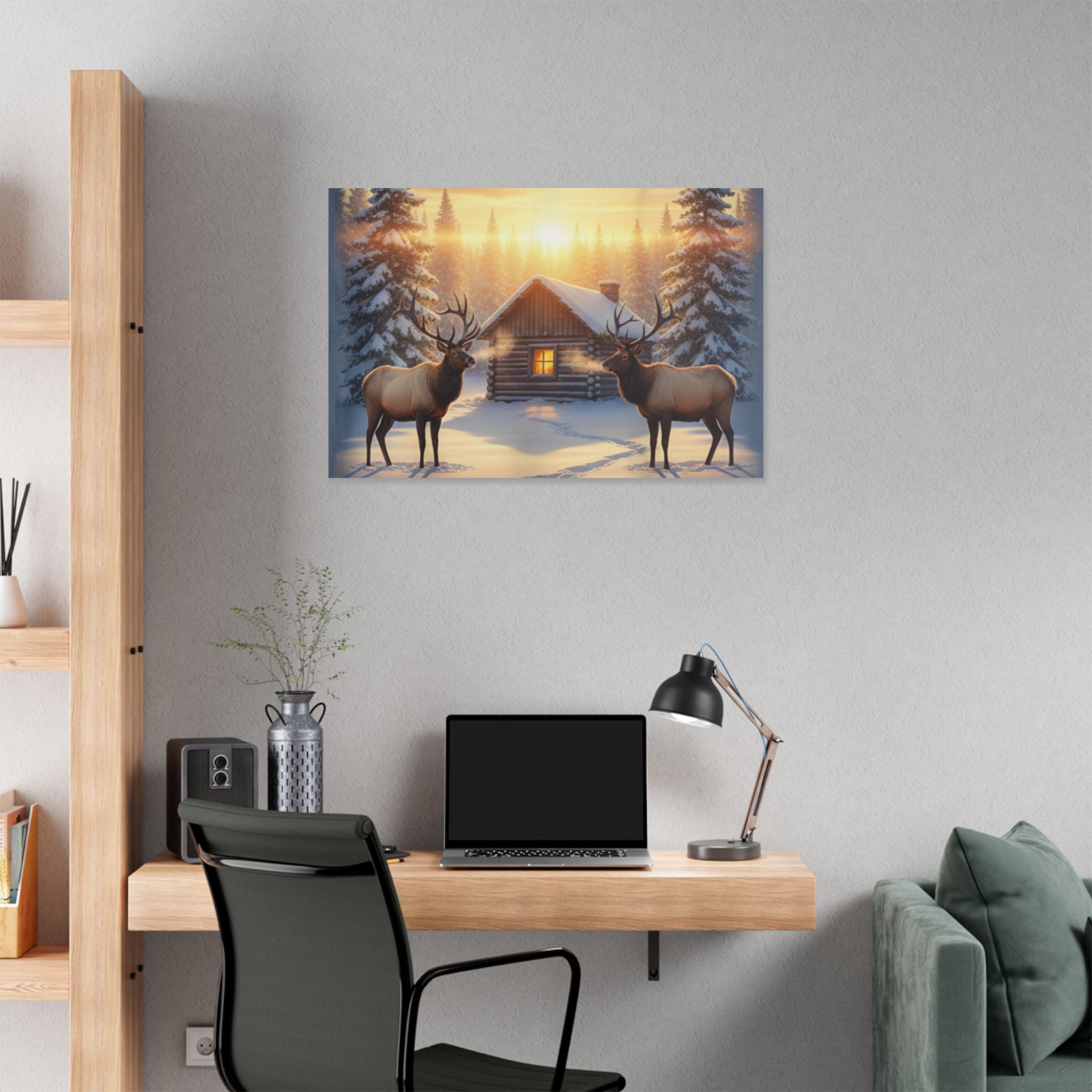 Winter Cabin Elk Canvas Wall Art – Cozy Snowy Forest Sunset Print